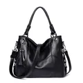 Classic black leather tote bag with stylish fringe detail and silver hardware accents - Black