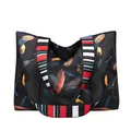 Black oxford fabric tote bag featuring colorful feather prints and striped straps - Colorful Feathers (Pattern 3)
