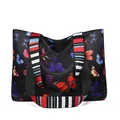 Black Oxford tote bag featuring vibrant butterfly prints and colorful striped straps - Colorful Butterflies (Pattern 4)