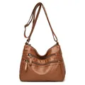 Vintage brown washed leather small square bag with multiple zipper pockets for women - Yellow Brown