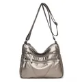 Metallic silver soft washed leather square bag with multiple zipper pockets - Bronze