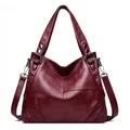 Classic burgundy genuine leather tote bag with elegant silver buckles and cross stitching - Burgundy