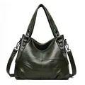 Dark green leather tote bag with lychee texture, cross stitching and shoulder strap - Green