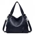 Classic black leather tote bag with reinforced handles and crossbody strap - Blue