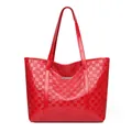 Red quilted tote bag in glossy faux leather with checkered texture and top handles - Red