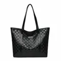 Classic black tote bag with embossed checkerboard pattern and silver metal logo plate - Black
