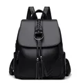 Black leather backpack with woven strap details and metal ring tassel charms - Black