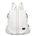 Mochila de cuero sintético blanco con textura de lichi, rayas y emblema de ojo de gato - Blanco