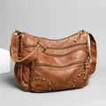 Vintage brown PU leather multi-pocket crossbody bag with bronze rivets and adjustable strap - Brown