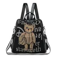 Black leather teddy bear backpack with rhinestone embroidery and street style design - Black