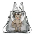 Silver leather backpack with rhinestone bear patch and casual embroidered lettering - Silver