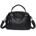 Black litchi grain leather Boston bag with triple zipper design and top handle straps - Black