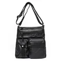 Bolso tipo cubo bandolera en cuero PU lavado negro con múltiples bolsillos y herrajes bronce - Negro