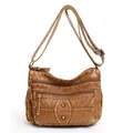 Vintage brown washed leather crossbody bag with multi-zipper compartments and bronze rivets - Oval Patch Double Rivet Style (Style 1)