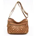 Dark brown quilted faux leather crossbody bag with vintage bronze hardware and pockets - Style One (Double Pocket Decor)