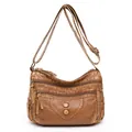 Brown vintage washed leather crossbody bag with multiple zippers and adjustable strap - Three-Layer Zipper Rivet Cover Bag Style (Style 2)
