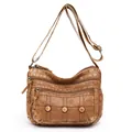 Vintage brown washed leather crossbody bag with metal rivets and multiple zipper pockets - Grid Stitched Multi-Rivet Style (Style 3)
