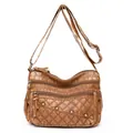 Brown quilted PU leather crossbody bag with vintage rivets and triple zipper compartments - Style Two (Bronze Rivets)