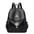 Chic black PU leather cat backpack for school featuring gold kangaroo emblem and charm - Black