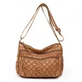 Vintage brown quilted crossbody bag with washed leather texture and rivet details - Style Three (Quilted Triple Studs)