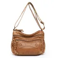 Brown washed leather crossbody bag featuring retro zippers and adjustable shoulder strap - Curved Cover Pocket Multi-Zipper Style (Style 4)