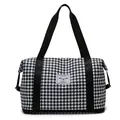 Expandable black and white houndstooth travel bag with bottom shoe compartment - Black