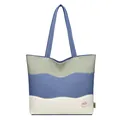 Three-color patchwork canvas bucket bag with wave design and blue shoulder strap - Wavy Splicing / Blue Pattern