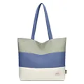 Three-color patchwork canvas bucket bag in green blue and beige with pink label - Straight Splicing / Blue Straight Lines