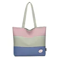 Pink green and blue patchwork canvas bucket tote bag with long shoulder straps - Straight Splicing / Green Straight Lines