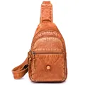 Vintage braune Brusttasche aus PU-Leder mit Reißverschlussfächern und verstellbarem Gurt - Karamell