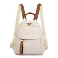 Minimalist beige oxford fabric backpack with brown leather accents and nylon straps - White