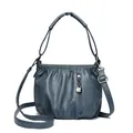 Deep teal genuine soft leather crossbody bucket bag for women with pleated design - Blue