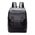Classic black vintage faux leather laptop backpack with adjustable buckle straps for men - Black