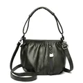 Green leather bucket bag for women with soft pleat details and adjustable shoulder strap - Green