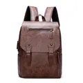 Classic dark brown vintage PU leather travel backpack with buckled flap and front pocket - Brown