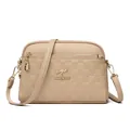 Beige genuine leather crossbody bag with three-layer zipper and pebble texture - Apricot