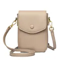 Beige echt lederen crossbody telefoontas met lycheetextuur en gouden metalen gesp - Lichtkhaki