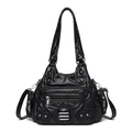 Sac bandoulière noir en cuir souple avec plusieurs fermetures éclair et rivets chic - Noir