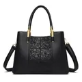 Elegant black lychee grain leather tote bag with six-grid flower embossing and gold hardware - Black