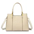 Creamy white leather handbag with embossed floral patterns and gold metal accents - White