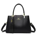 Classic black leather tote bag with lychee texture and elegant gold kangaroo logo - Black