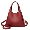 Deep red leather bucket bag with lychee texture and adjustable shoulder strap - Red