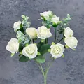 Artificial 10-head white silk rose bouquet with green eucalyptus leaves for decor - White