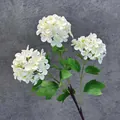 Artificial 3-head white snowball hydrangea with realistic silk petals and green leaves - White