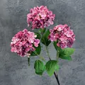 Artificial pink hydrangea spray with three blooming heads and realistic silk green leaves - Deep Rose Red