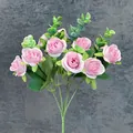Realistic bouquet of 10 pink silk roses with eucalyptus leaves for home decor - Light Pink