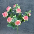 Artificial pink rose bouquet with 10 heads and frosted eucalyptus leaves for decor - Deep Pink
