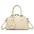 Chic cream white Boston bag in lychee texture leather with detachable strap - Off White