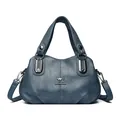 Blue genuine leather handbag for women featuring a textured lychee grain finish - Blue