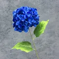 Single deep blue hydrangea artificial flower with green leaves and a long stem - Sapphire Blue